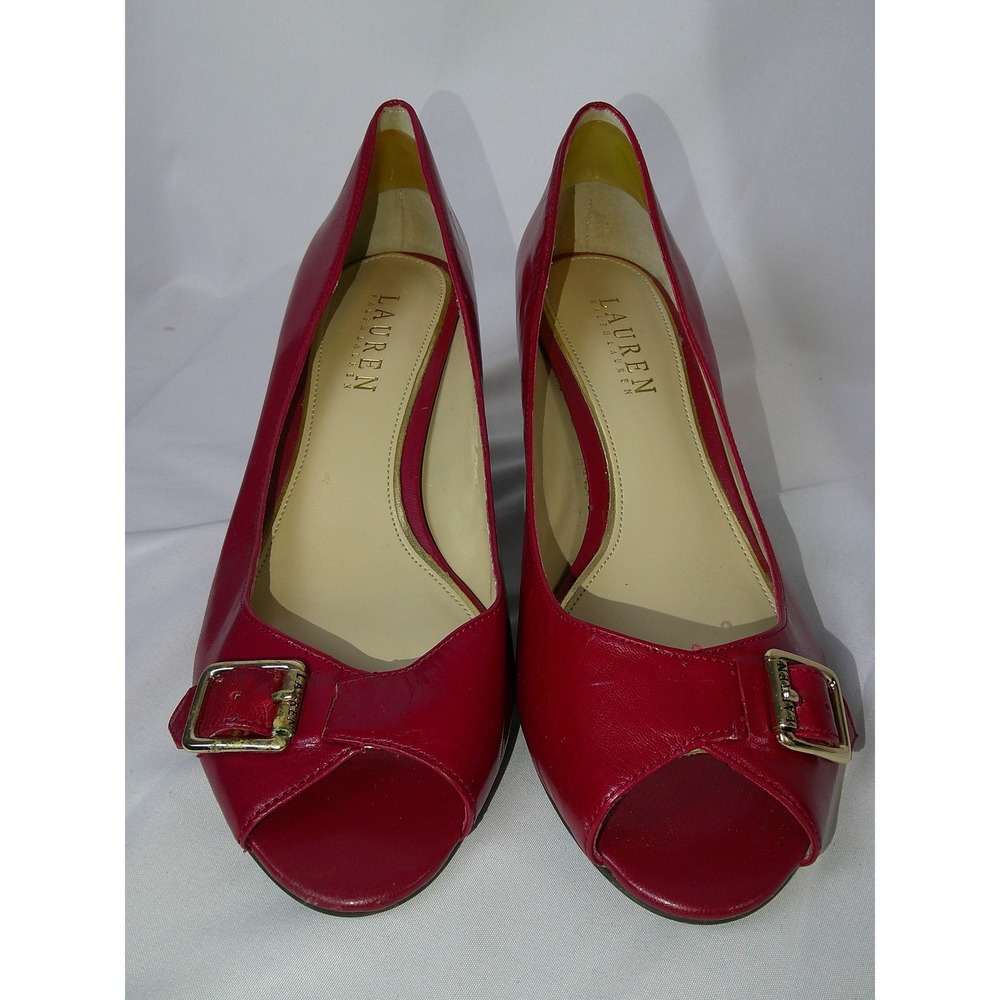 Lauren Ralph Lauren Red Leather Peep Toe Buckle Pumps Heels Womens 7.5B
